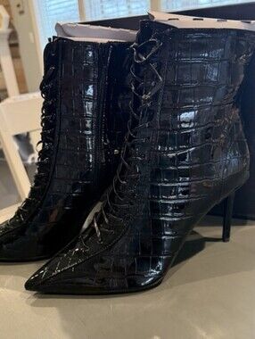 🖤 I.N.C. Black Croc-Embossed Lace-Up Stiletto Booties